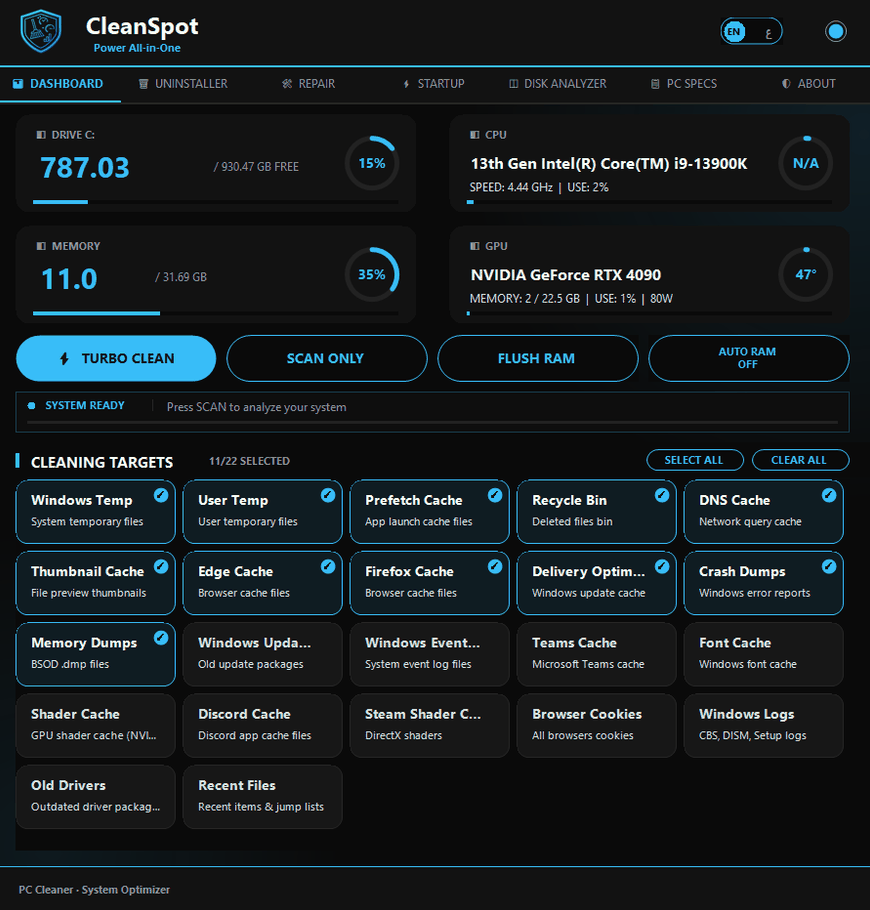Dashboard — cleaning targets and live hardware