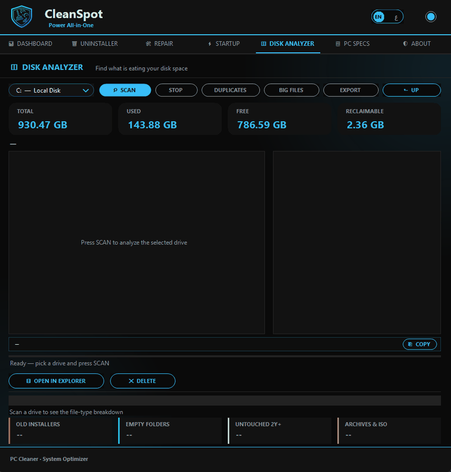 Disk Analyzer — treemap, duplicates and big files