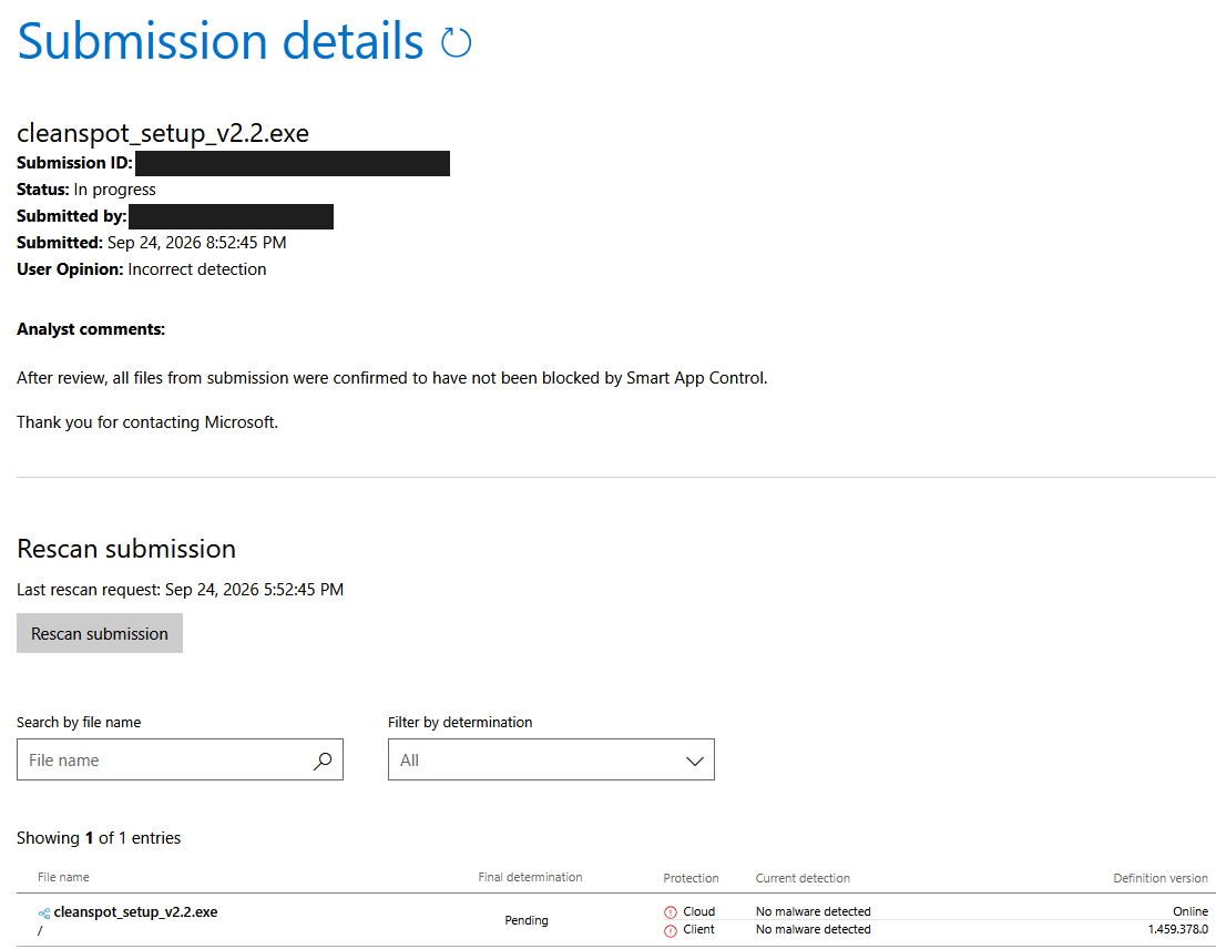 Microsoft confirming CleanSpot was incorrectly blocked and has been remediated
